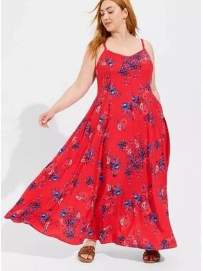 Torrid Red Floral Challis Trapeze Maxi Dress